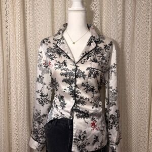 VS Pink Pajama Top Shirt Women's M Black White Floral Print Satin Button Up